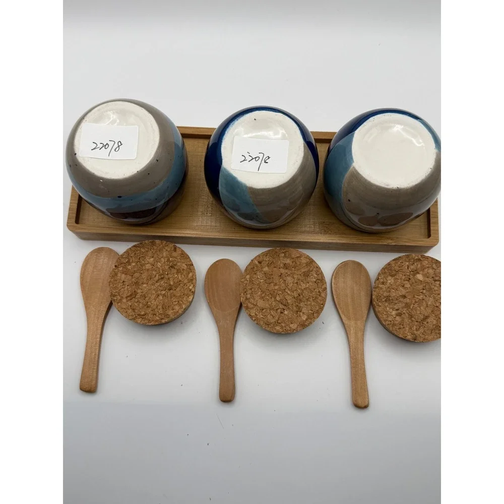 Blue Ceramic Condiment Jar Set with‎ Cork Lids Wooden Spoons and Bamboo Tray NEW